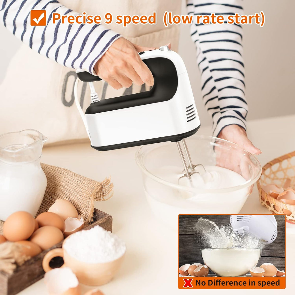 9-Speed Digital Hand Mixer Electric, 400W Powerful DC Motor, Hand Mixer Electric Handheld with Snap-On Storage Case, 5 Stainless Steel Accessories, Beaters, Dough Hooks, Whisk(Ice Blue/Black)