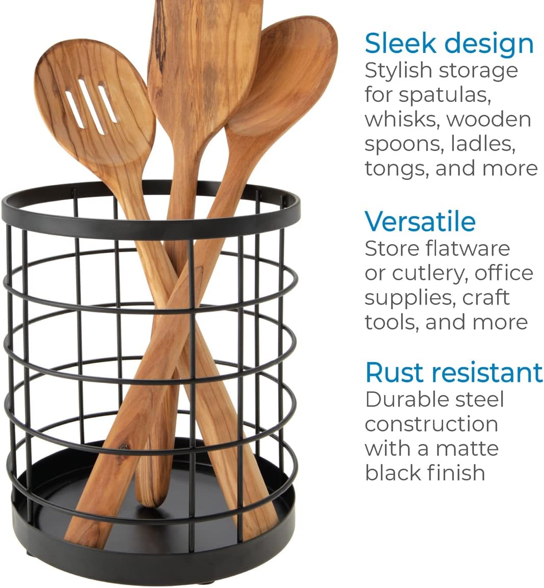 Kitchen Crock Utensil Holder, Matte Black, Steel | For Countertop