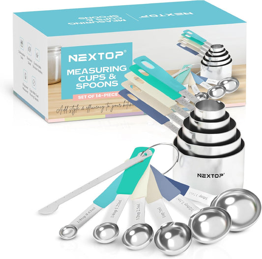 14-Piece Stainless Steel Measuring Cups and Measuring Spoons Set with All Stackable Sizes and Leveler for Dry Ingredients, Complete Set for Kitchen & Baking Measuring Tools (Aqua Sky Blue Set)