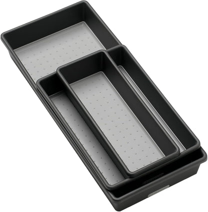 Classic 3 Bin Drawer Organizer Set, Granite | non slip feet, rounded corners, modular layout, mixed sizes, custom fit, office craft supplies, makeup tools, woman owned