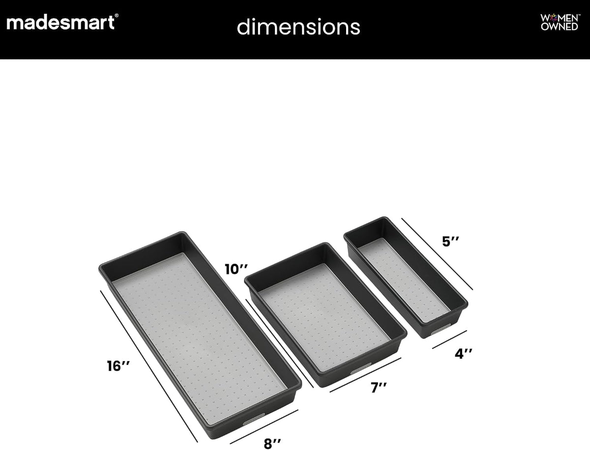 Classic 3 Bin Drawer Organizer Set, Granite | non slip feet, rounded corners, modular layout, mixed sizes, custom fit, office craft supplies, makeup tools, woman owned