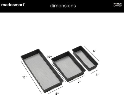 Classic 3 Bin Drawer Organizer Set, Granite | non slip feet, rounded corners, modular layout, mixed sizes, custom fit, office craft supplies, makeup tools, woman owned