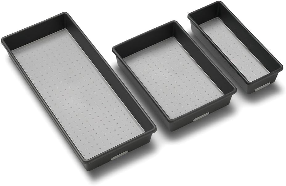 Classic 3 Bin Drawer Organizer Set, Granite | non slip feet, rounded corners, modular layout, mixed sizes, custom fit, office craft supplies, makeup tools, woman owned