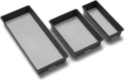 Classic 3 Bin Drawer Organizer Set, Granite | non slip feet, rounded corners, modular layout, mixed sizes, custom fit, office craft supplies, makeup tools, woman owned