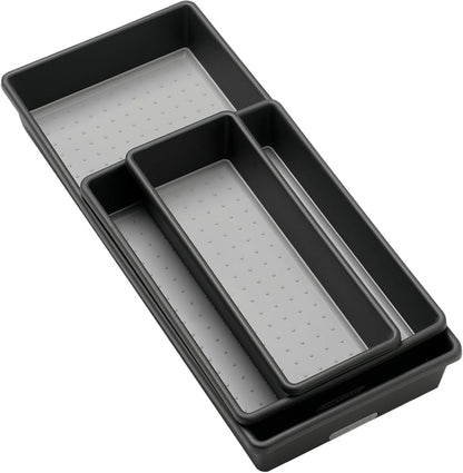 Classic 3 Bin Drawer Organizer Set, Granite | non slip feet, rounded corners, modular layout, mixed sizes, custom fit, office craft supplies, makeup tools, woman owned