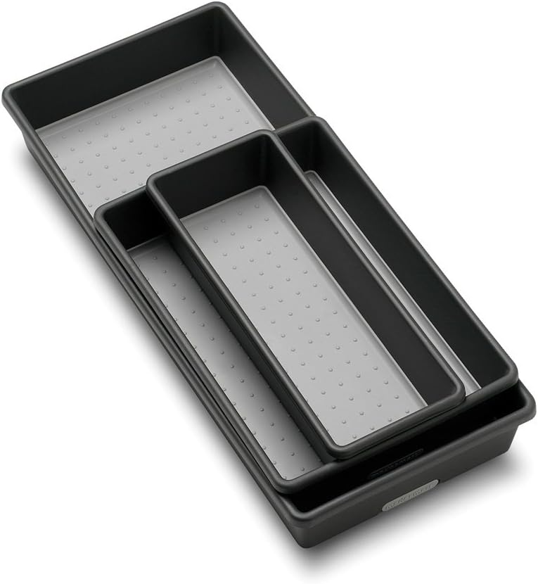 Classic 3 Bin Drawer Organizer Set, Granite | non slip feet, rounded corners, modular layout, mixed sizes, custom fit, office craft supplies, makeup tools, woman owned