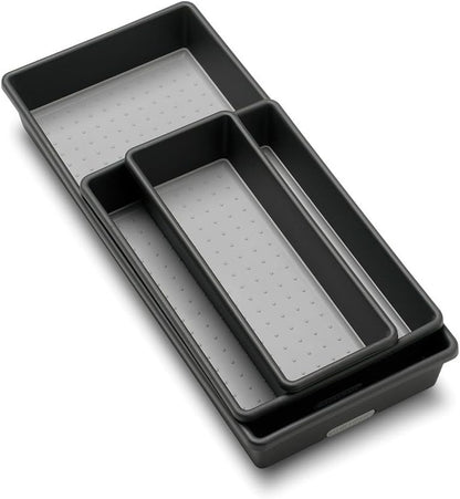 Classic 3 Bin Drawer Organizer Set, Granite | non slip feet, rounded corners, modular layout, mixed sizes, custom fit, office craft supplies, makeup tools, woman owned