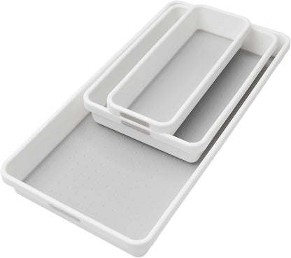 Classic 3 Bin Drawer Organizer Set, Granite | non slip feet, rounded corners, modular layout, mixed sizes, custom fit, office craft supplies, makeup tools, woman owned