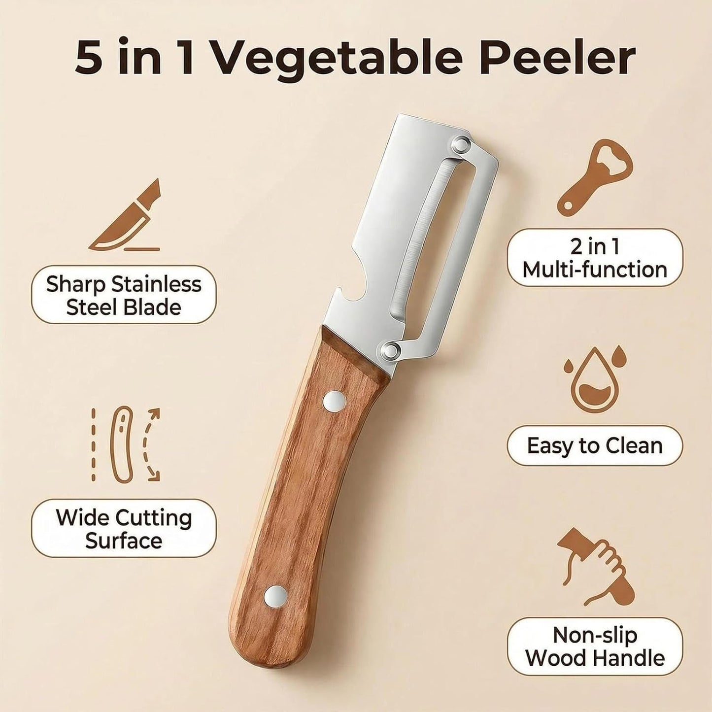 NEW Premium Vegetable Peeler with Wooden Handle and Bottle Opener: 2-in-1 Stainless Steel Kitchen Tool for Fruit Apple Potato Pumpkin Papaya (1Pack)