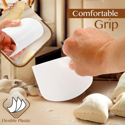 Plastic Bench Scraper for Baking - 2 White Bowl Scraper - Flexible Food Safe Dough Scraper Multipurpose Good Grip Curved and Flat Edge Dough Cutter - Essential Pan Scraper for Kitchen Use