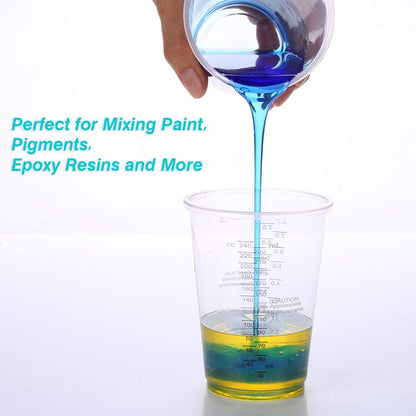 100pcs 8oz Graduated Clear Plastic Measuring Cups with 100pcs Wooden Stirring Sticks for Mixing Paint, Pigments, Epoxy Resins, Resins