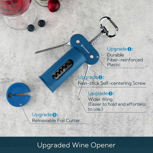 3 in 1 Wing Corkscrew Wine Bottle Opener with Foil Cutter, Built-in Beer Bottle Opener, Multifunctional Wine Opener with Non-Stick Sharp Screw, Easy to Use, Manual Wine Corkscrew, Blue