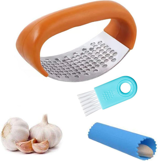 Garlic Press Rocker - Stainless Steel Garlic Crusher, Chopper, Mincer with Silicone Garlic Peeler, Mini Brush Tools For You (Yerrow)