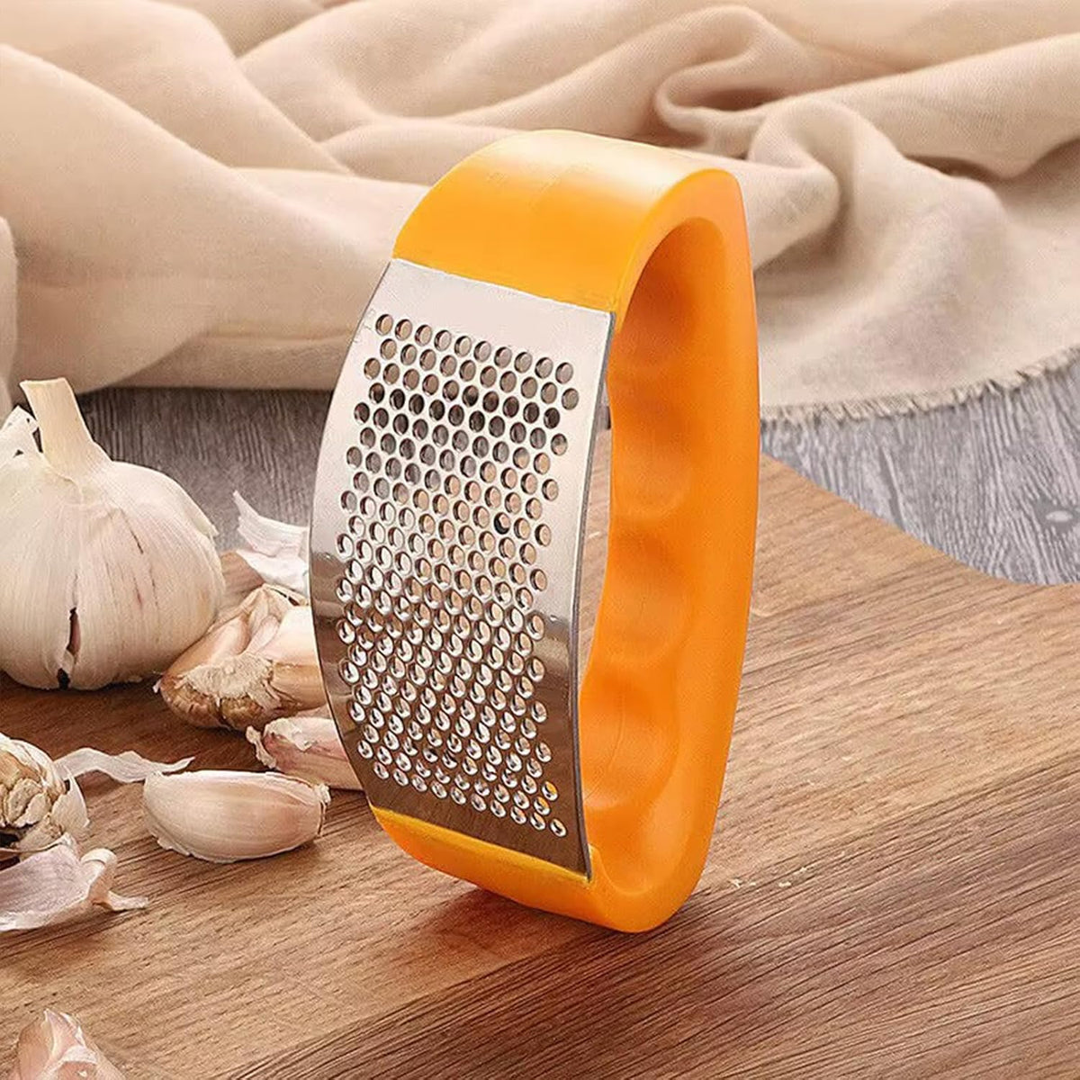 Garlic Press Rocker - Stainless Steel Garlic Crusher, Chopper, Mincer with Silicone Garlic Peeler, Mini Brush Tools For You (Yerrow)