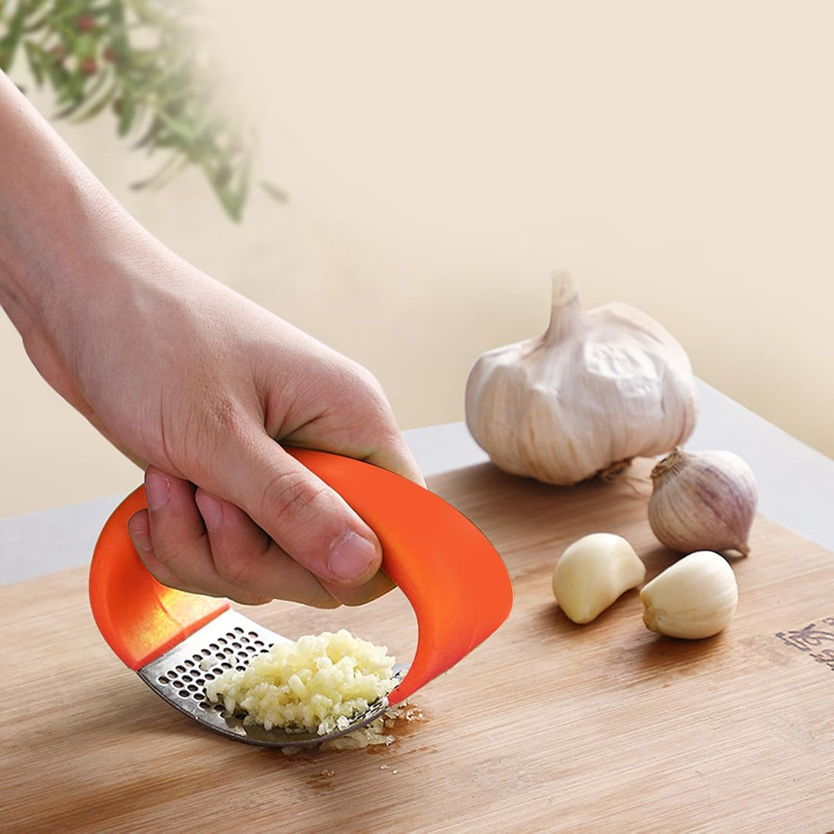 Garlic Press Rocker - Stainless Steel Garlic Crusher, Chopper, Mincer with Silicone Garlic Peeler, Mini Brush Tools For You (Yerrow)