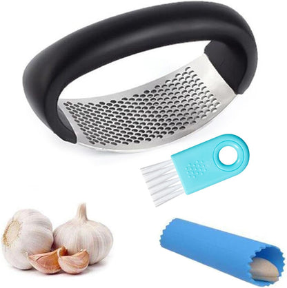 Garlic Press Rocker - Stainless Steel Garlic Crusher, Chopper, Mincer with Silicone Garlic Peeler, Mini Brush Tools For You (Yerrow)