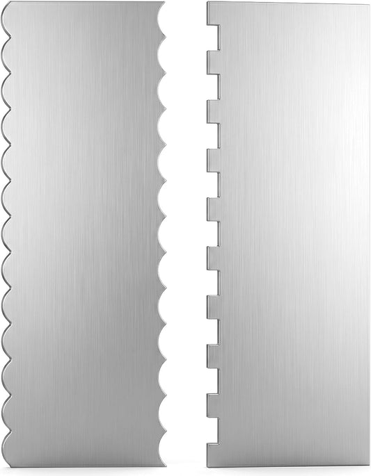 Cake Scraper Smoother 2Pieces Metal Cake Scraper 8.7 in Cake-Smoother for Icing Stainless Steel Cakes Comb Double Sided Patterned Edge Stripe Edge Smoother Scrape Pastry Cutter for Mousse Butter Cream