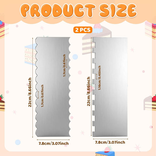 Cake Scraper Smoother 2Pieces Metal Cake Scraper 8.7 in Cake-Smoother for Icing Stainless Steel Cakes Comb Double Sided Patterned Edge Stripe Edge Smoother Scrape Pastry Cutter for Mousse Butter Cream