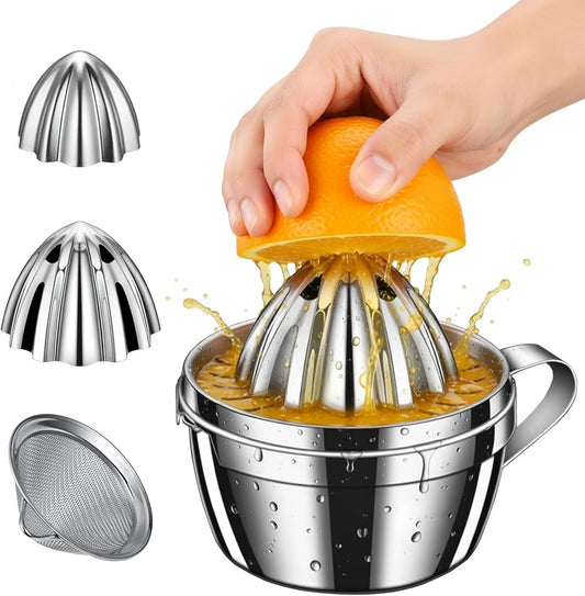 Lemon Squeezer Stainless Steel, lemon juicer, Manual Citrus Juicer | Premium Orange Lime Fruit Squeezer, Robust Reamer Rotation 2 Pour Spout 450ML Container, Set of 4 Kitchen Tool