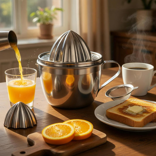 Lemon Squeezer Stainless Steel, lemon juicer, Manual Citrus Juicer | Premium Orange Lime Fruit Squeezer, Robust Reamer Rotation 2 Pour Spout 450ML Container, Set of 4 Kitchen Tool