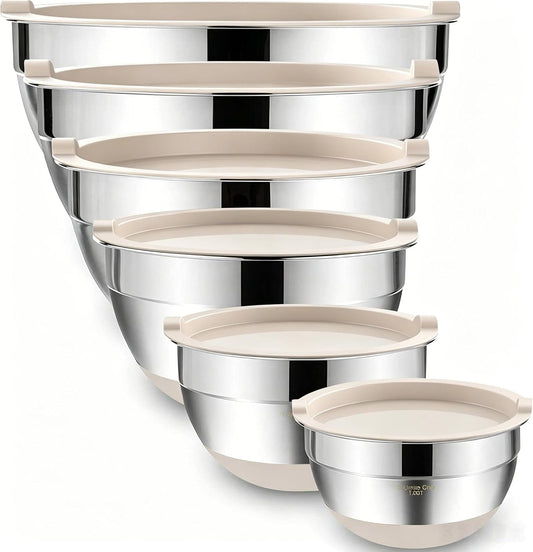 Mixing Bowls with Airtight Lids, 6 piece Stainless Steel Metal Nesting Storage Bowls, Non-Slip Bottoms Size 7, 3.5, 2.5, 2.0,1.5, 1QT, Great for Mixing & Serving (Khaki)