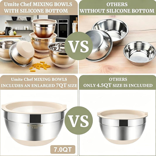 Mixing Bowls with Airtight Lids, 6 piece Stainless Steel Metal Nesting Storage Bowls, Non-Slip Bottoms Size 7, 3.5, 2.5, 2.0,1.5, 1QT, Great for Mixing & Serving (Khaki)