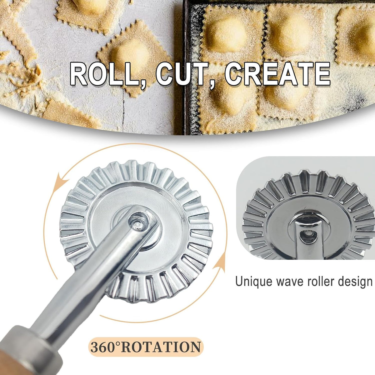 Fluted Pastry Wheel Cutter, 1.5 Inch Pasta Cutter Wheel for Ravioli, Pie Crust & Dough, Pastry Crimper and Pasta Wheel Cutter Tool for Baking, Home Kitchen Use