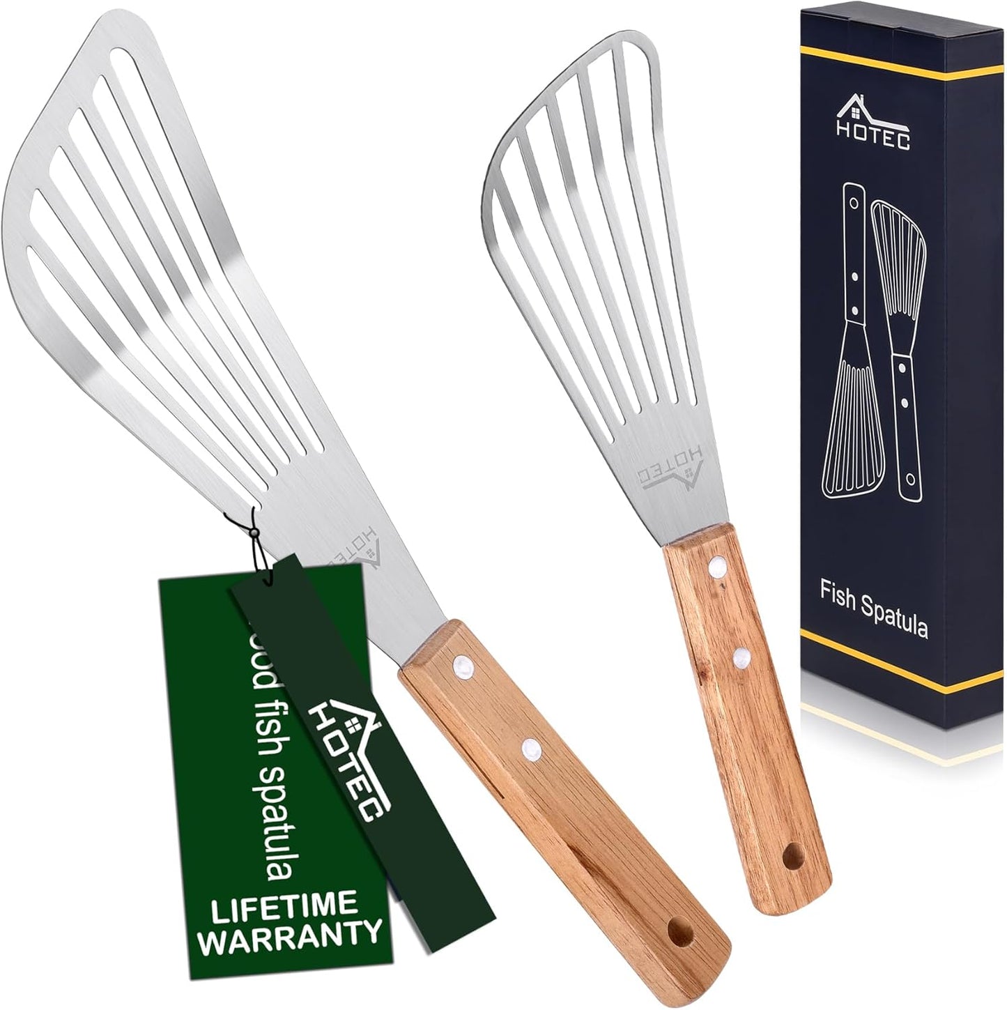 2pcs Stainless Steel Wooden Handle Fish Spatula, Metal Spatula Flipping Foods