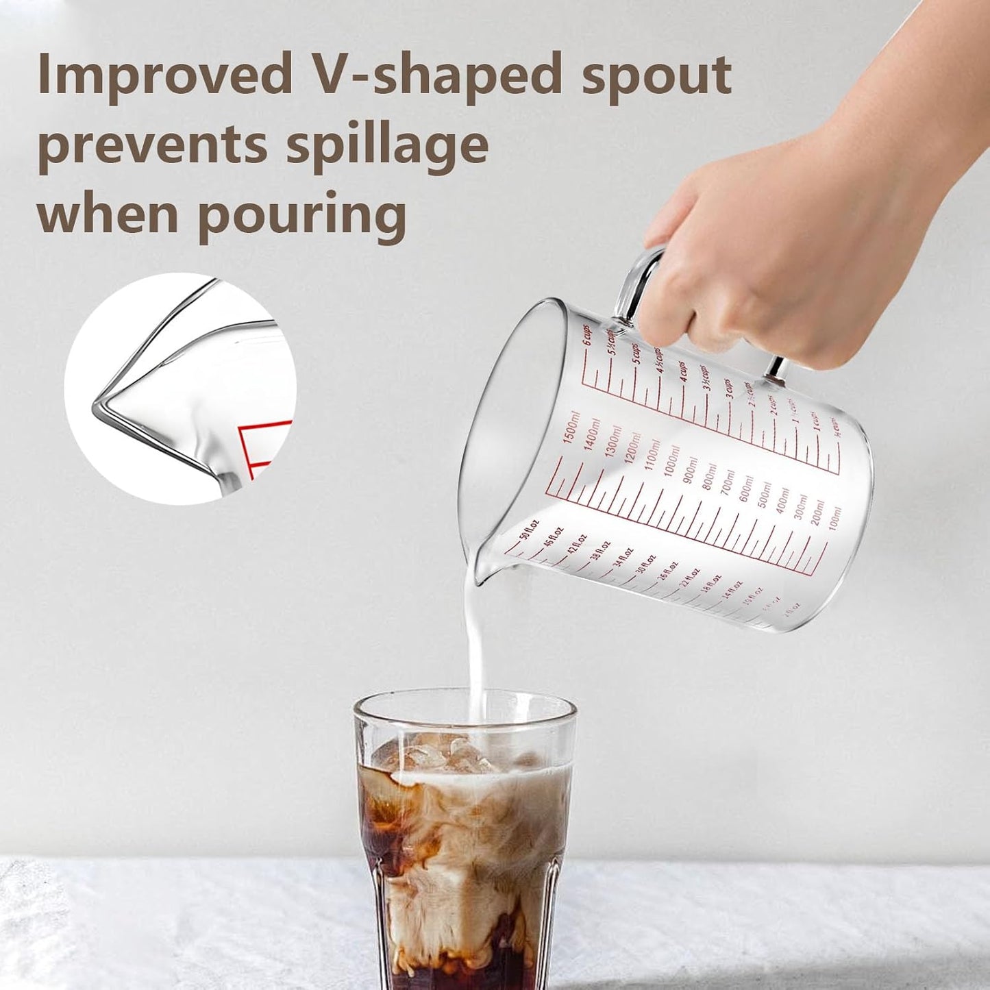 Glass Measuring Cup,6Cup/1500ml/50oz Liquid Measuring Cups, Measuring Cup With Handle and V-Shaped Spout, Glass Beaker with Three Scales (OZ, Cup, ML), Dishwasher/Freezer/Microwave Safe