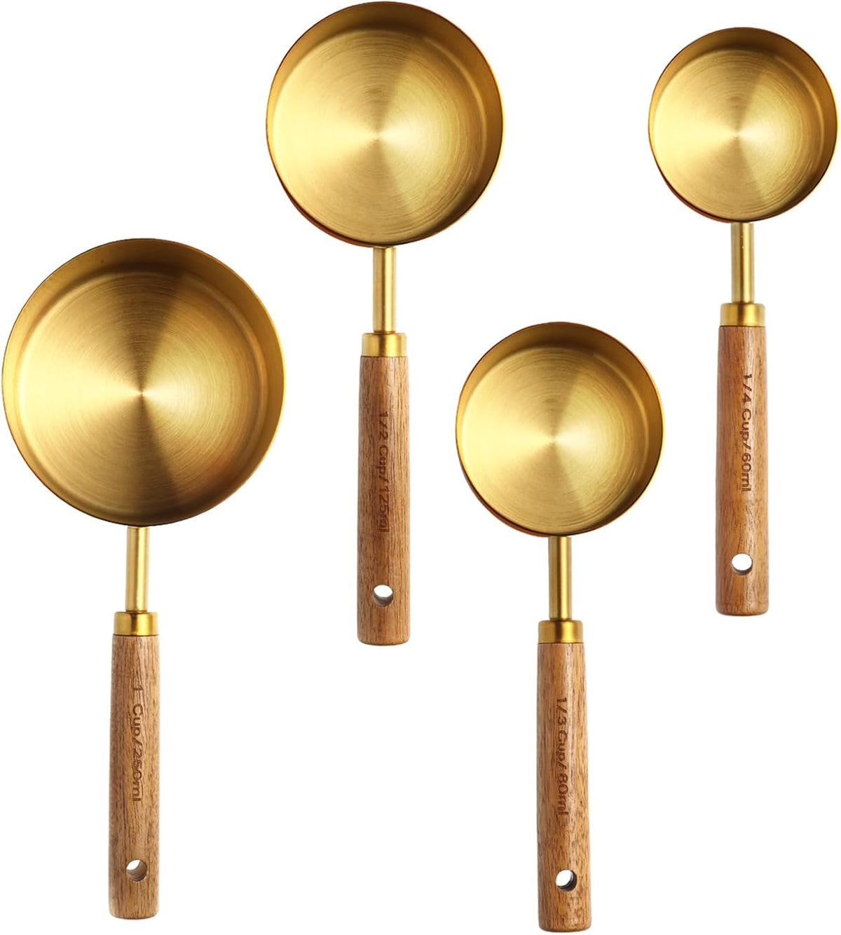 Gold Measuring Cups and Spoons Set of 4, Golden Stainless Steel Measuring Cups with Wooden Handles brass Measuring Spoons Set for Baking Supplies