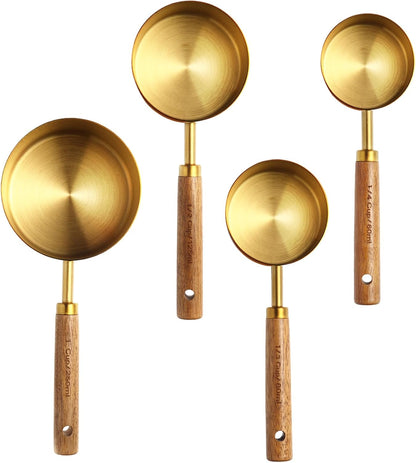 Gold Measuring Cups and Spoons Set of 4, Golden Stainless Steel Measuring Cups with Wooden Handles brass Measuring Spoons Set for Baking Supplies