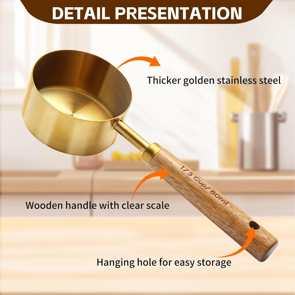 Gold Measuring Cups and Spoons Set of 4, Golden Stainless Steel Measuring Cups with Wooden Handles brass Measuring Spoons Set for Baking Supplies