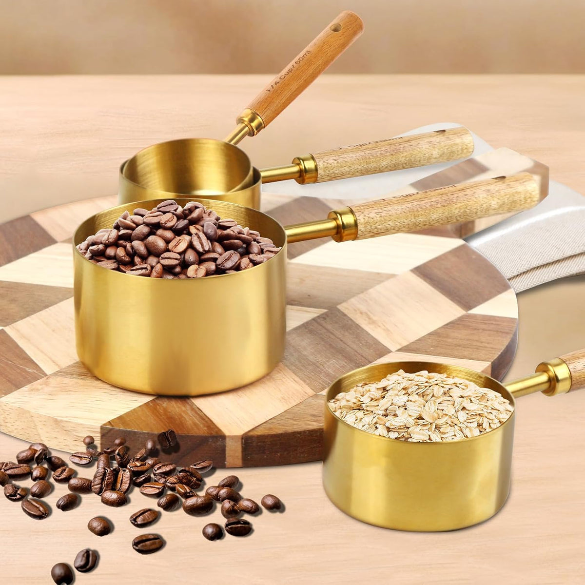 Gold Measuring Cups and Spoons Set of 4, Golden Stainless Steel Measuring Cups with Wooden Handles brass Measuring Spoons Set for Baking Supplies