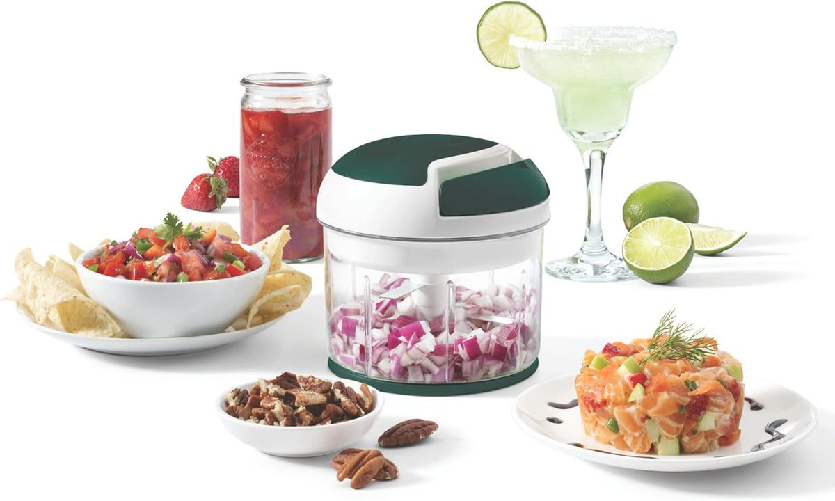 Pull Chopper - Multi Purpose Manual Food Processor - Three Blade System for a Faster Cut - From Large Chunks to Purée - Self-Retracting Cord - Fruits, Vegetables, Meats and Crushes Ice