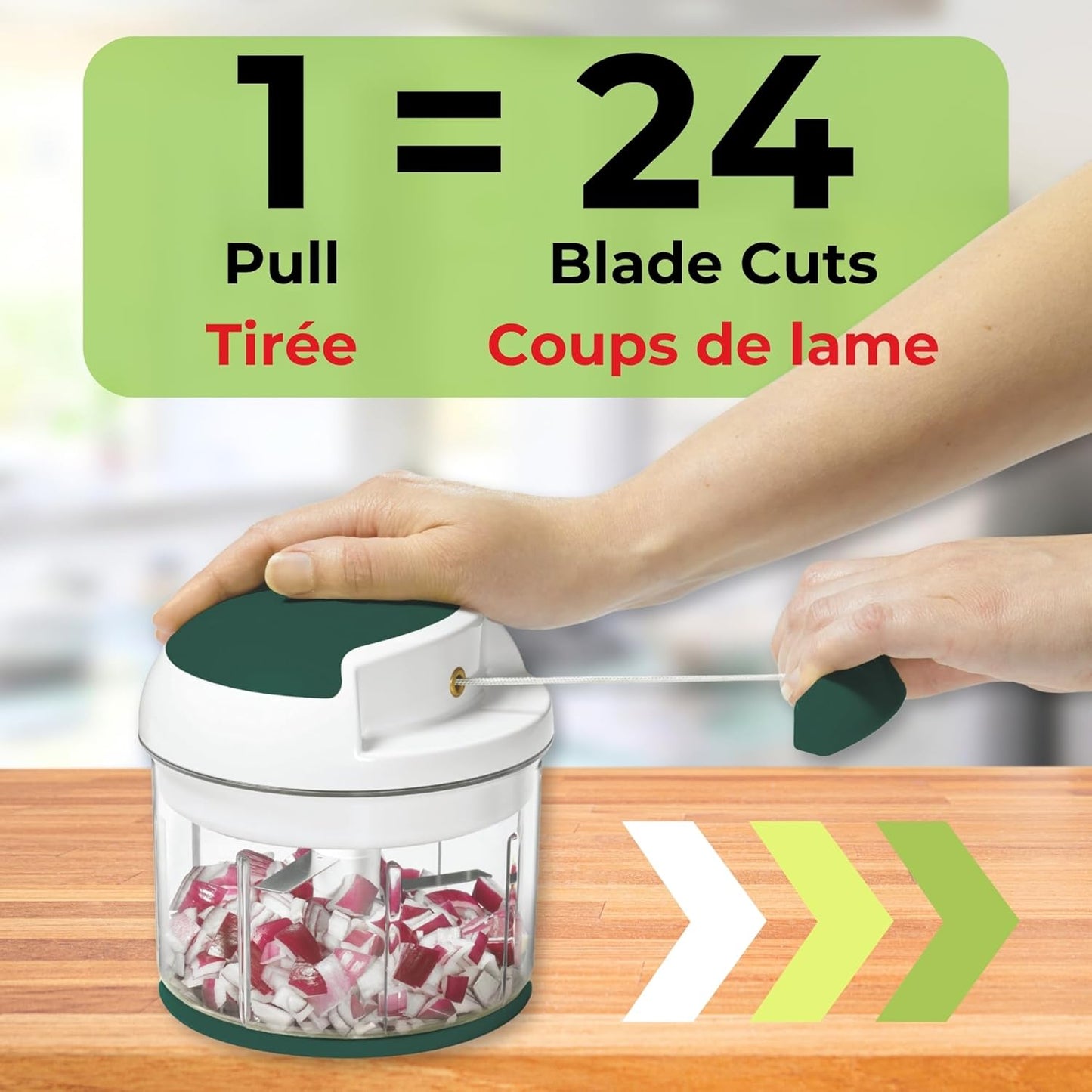 Pull Chopper - Multi Purpose Manual Food Processor - Three Blade System for a Faster Cut - From Large Chunks to Purée - Self-Retracting Cord - Fruits, Vegetables, Meats and Crushes Ice