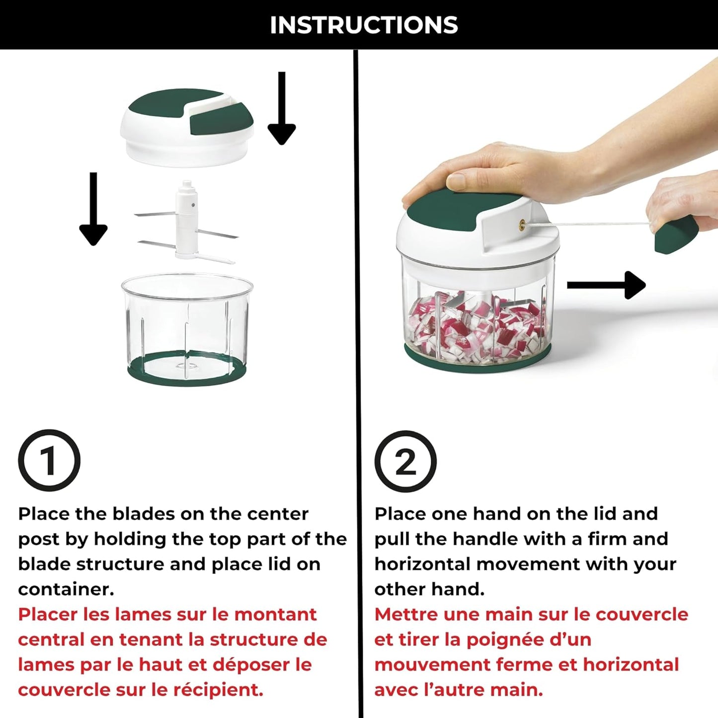 Pull Chopper - Multi Purpose Manual Food Processor - Three Blade System for a Faster Cut - From Large Chunks to Purée - Self-Retracting Cord - Fruits, Vegetables, Meats and Crushes Ice