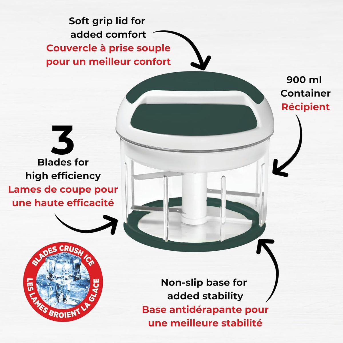 Pull Chopper - Multi Purpose Manual Food Processor - Three Blade System for a Faster Cut - From Large Chunks to Purée - Self-Retracting Cord - Fruits, Vegetables, Meats and Crushes Ice