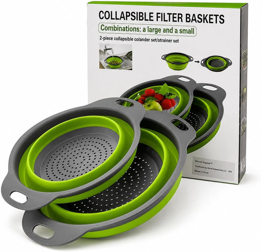 Collapsible Colander Set of 2, Folding Kitchen Strainers, Large & Small Silicone Drain Baskets for Pasta, Fruits and Vegetables