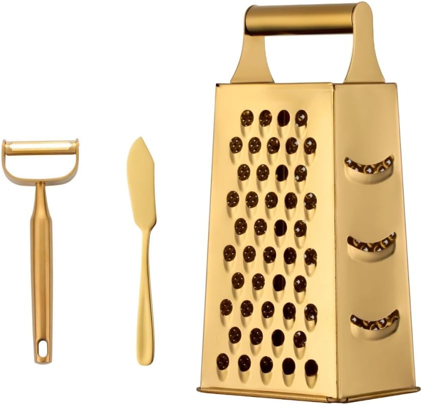 4 Sides Box Grater For Kitchen,Stainless Steel Cheese Grater With Handle,Multi-Function Vegetable Slicer Food Shredder For Chees,Ginger,Vegetables,Dishwasher Safe, Gold