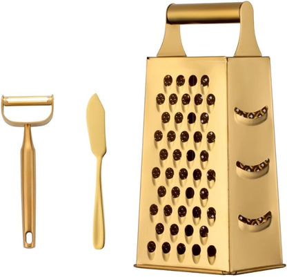 4 Sides Box Grater For Kitchen,Stainless Steel Cheese Grater With Handle,Multi-Function Vegetable Slicer Food Shredder For Chees,Ginger,Vegetables,Dishwasher Safe, Gold