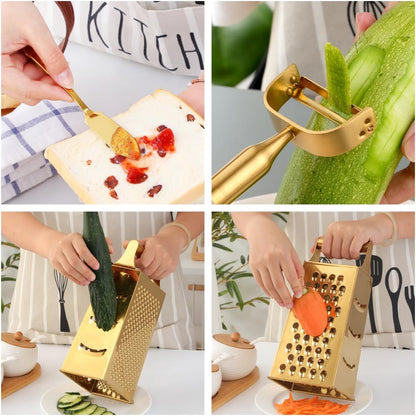 4 Sides Box Grater For Kitchen,Stainless Steel Cheese Grater With Handle,Multi-Function Vegetable Slicer Food Shredder For Chees,Ginger,Vegetables,Dishwasher Safe, Gold