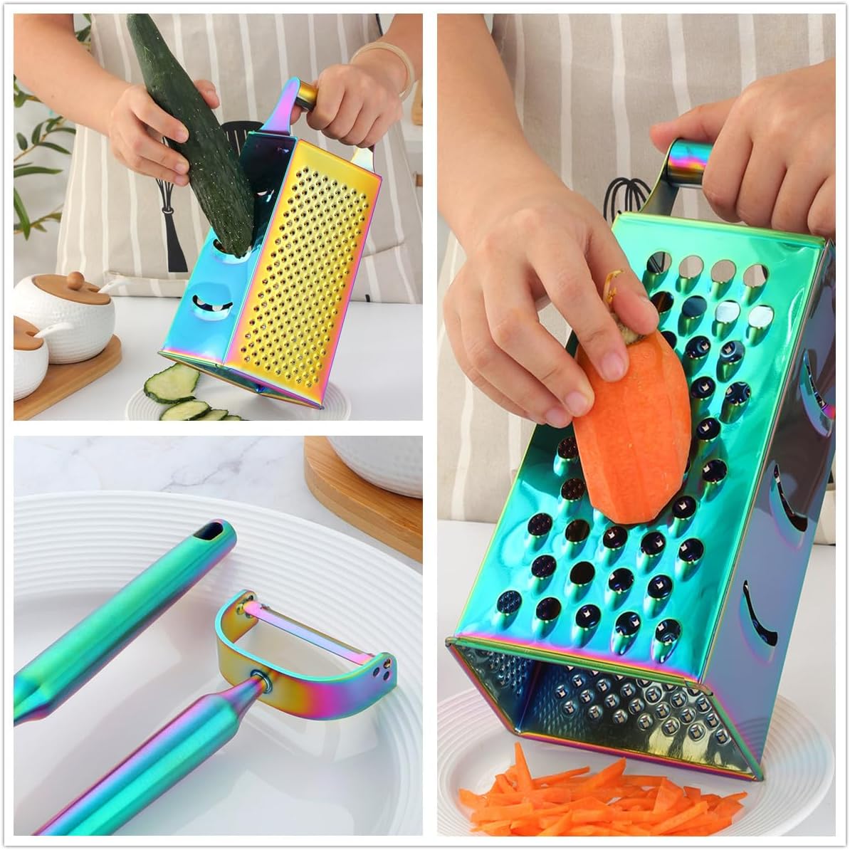 4 Sides Box Grater For Kitchen,Stainless Steel Cheese Grater With Handle,Multi-Function Vegetable Slicer Food Shredder For Chees,Ginger,Vegetables,Dishwasher Safe, Gold