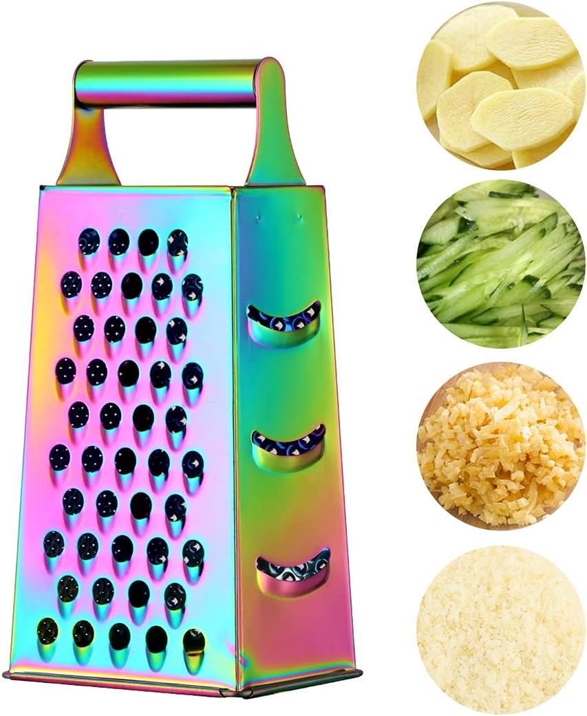 4 Sides Box Grater For Kitchen,Stainless Steel Cheese Grater With Handle,Multi-Function Vegetable Slicer Food Shredder For Chees,Ginger,Vegetables,Dishwasher Safe, Gold