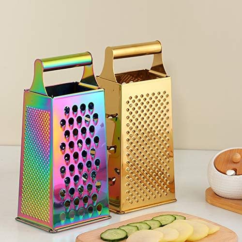 4 Sides Box Grater For Kitchen,Stainless Steel Cheese Grater With Handle,Multi-Function Vegetable Slicer Food Shredder For Chees,Ginger,Vegetables,Dishwasher Safe, Gold