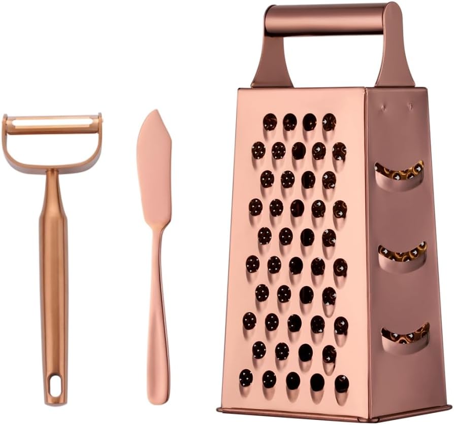 4 Sides Box Grater For Kitchen,Stainless Steel Cheese Grater With Handle,Multi-Function Vegetable Slicer Food Shredder For Chees,Ginger,Vegetables,Dishwasher Safe, Gold