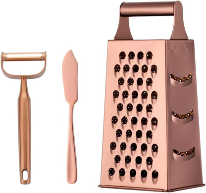 4 Sides Box Grater For Kitchen,Stainless Steel Cheese Grater With Handle,Multi-Function Vegetable Slicer Food Shredder For Chees,Ginger,Vegetables,Dishwasher Safe, Gold