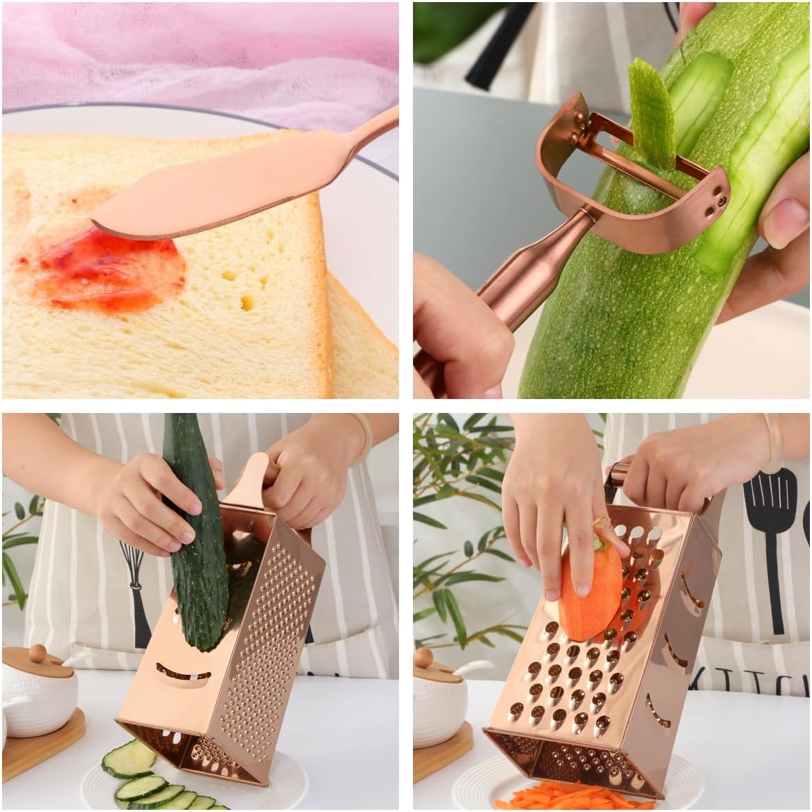 4 Sides Box Grater For Kitchen,Stainless Steel Cheese Grater With Handle,Multi-Function Vegetable Slicer Food Shredder For Chees,Ginger,Vegetables,Dishwasher Safe, Gold