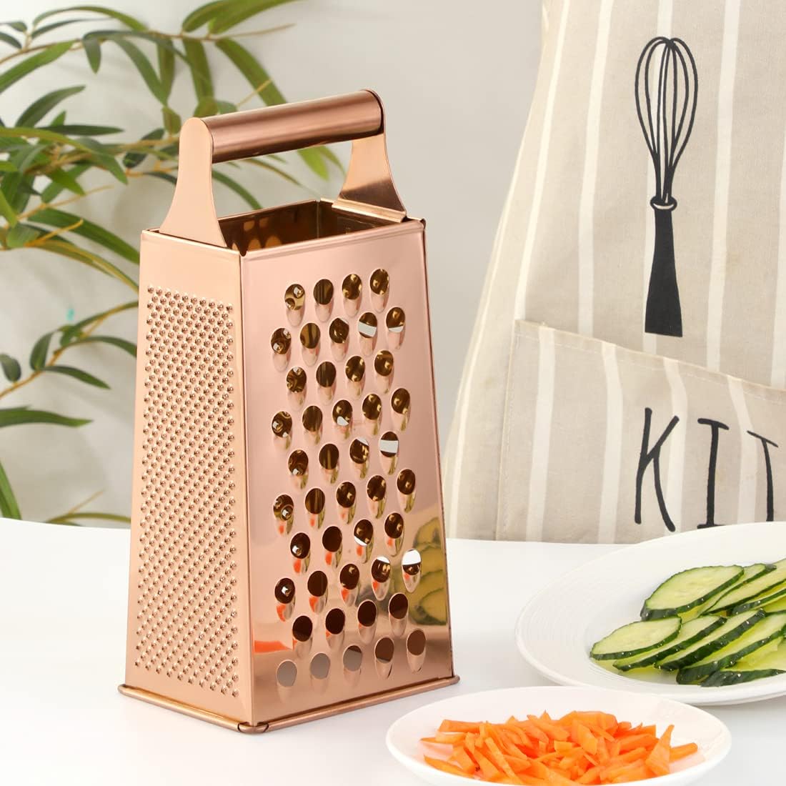 4 Sides Box Grater For Kitchen,Stainless Steel Cheese Grater With Handle,Multi-Function Vegetable Slicer Food Shredder For Chees,Ginger,Vegetables,Dishwasher Safe, Gold
