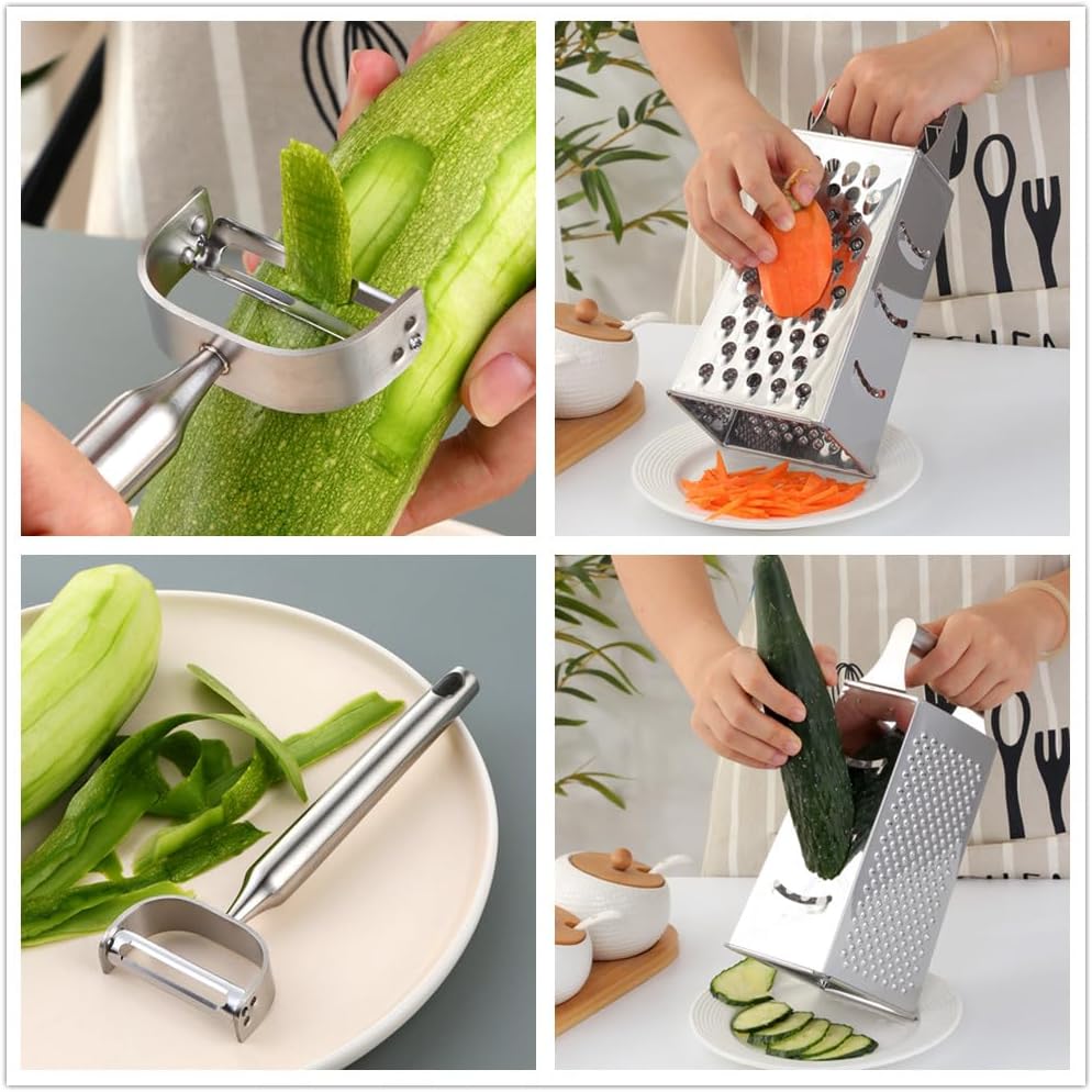 4 Sides Box Grater For Kitchen,Stainless Steel Cheese Grater With Handle,Multi-Function Vegetable Slicer Food Shredder For Chees,Ginger,Vegetables,Dishwasher Safe, Gold
