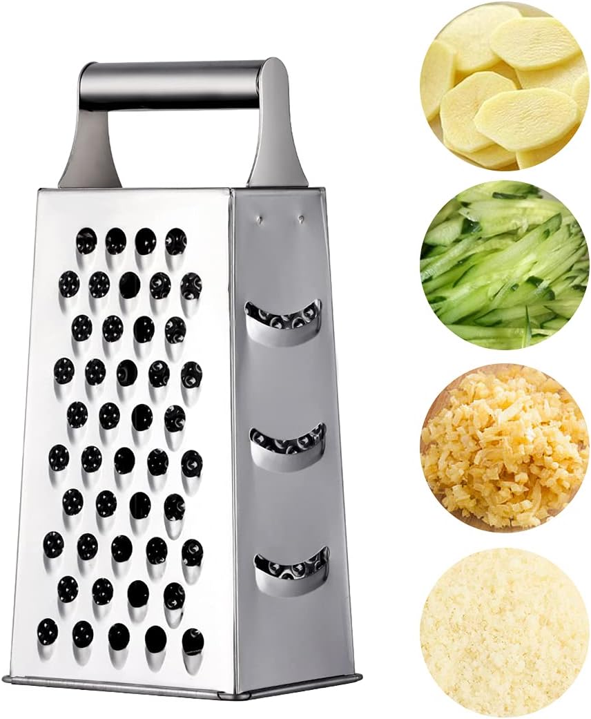4 Sides Box Grater For Kitchen,Stainless Steel Cheese Grater With Handle,Multi-Function Vegetable Slicer Food Shredder For Chees,Ginger,Vegetables,Dishwasher Safe, Gold